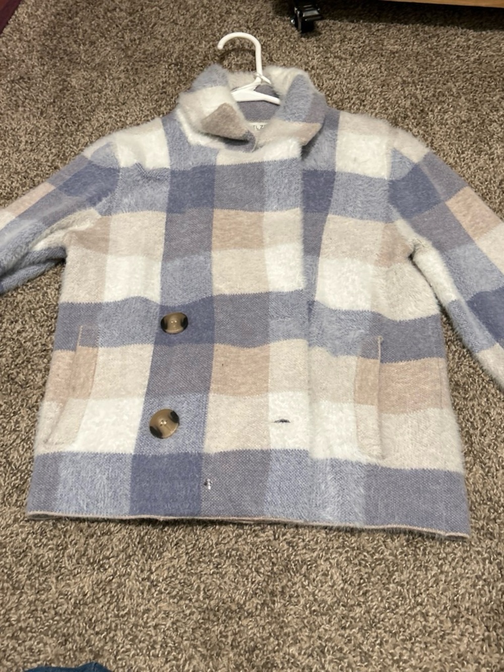 Shacket Plush Plaid Coat - Blue, Cream & Tan
